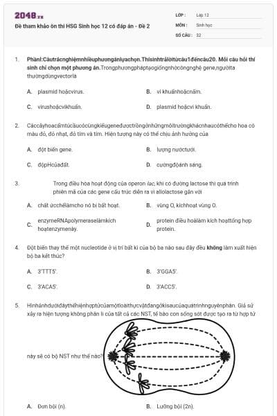 Đề tham khảo ôn thi HSG Sinh học 12 có đáp án - Đề 2