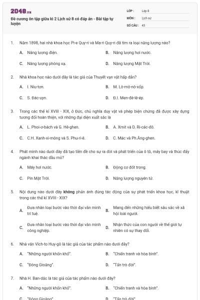Đề cương ôn tập giữa kì 2 Lịch sử 8 có đáp án - Bài tập tự luyện
