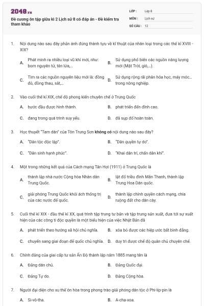 Đề cương ôn tập giữa kì 2 Lịch sử 8 có đáp án - Đề kiểm tra tham khảo