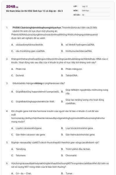 Đề tham khảo ôn thi HSG Sinh học 12 có đáp án - Đề 3