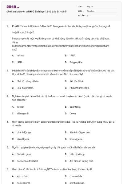 Đề tham khảo ôn thi HSG Sinh học 12 có đáp án - Đề 5