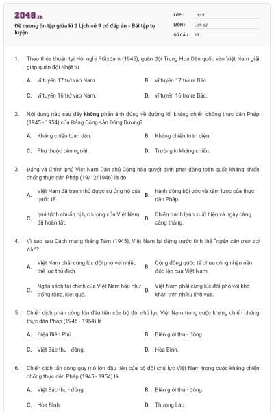 Đề cương ôn tập giữa kì 2 Lịch sử 9 có đáp án - Bài tập tự luyện