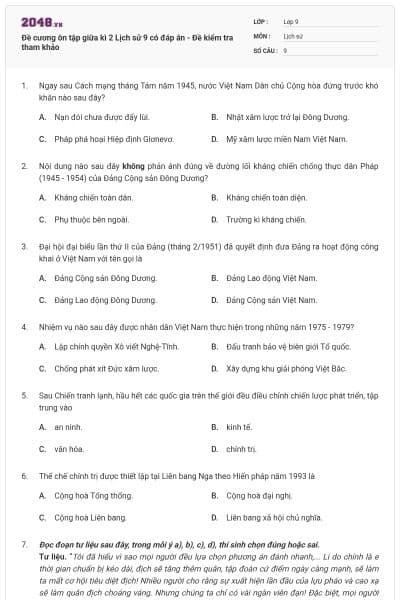 Đề cương ôn tập giữa kì 2 Lịch sử 9 có đáp án - Đề kiểm tra tham khảo