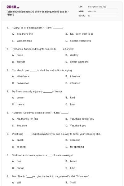 (Viên chức Mầm non) 30 đề ôn thi tiếng Anh có đáp án - Phần 3