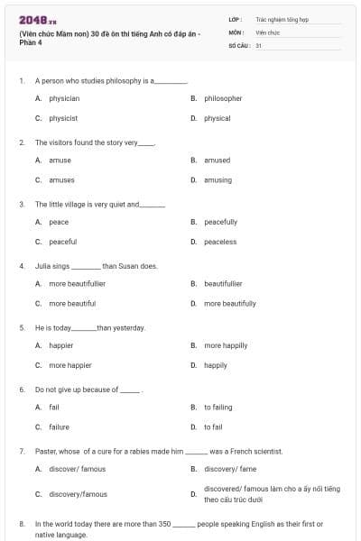 (Viên chức Mầm non) 30 đề ôn thi tiếng Anh có đáp án - Phần 4