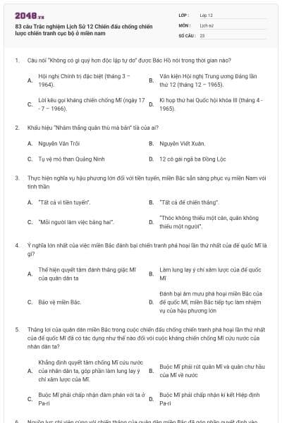 83 câu  Trắc nghiệm Lịch Sử 12 Chiến đấu chống chiến lược chiến tranh cục bộ ở miền nam