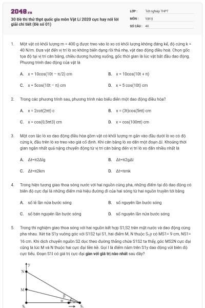 30 Đề thi thử thpt quốc gia môn Vật Lí 2020 cực hay nói lời giải chi tiết (Đề số 01)