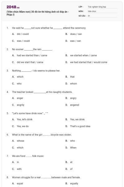 (Viên chức Mầm non) 30 đề ôn thi tiếng Anh có đáp án - Phần 5