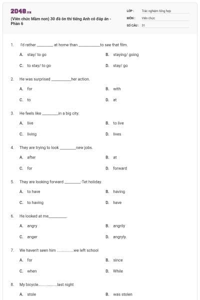 (Viên chức Mầm non) 30 đề ôn thi tiếng Anh có đáp án - Phần 6