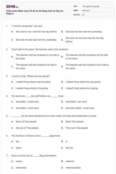 (Viên chức Mầm non) 30 đề ôn thi tiếng Anh có đáp án - Phần 8