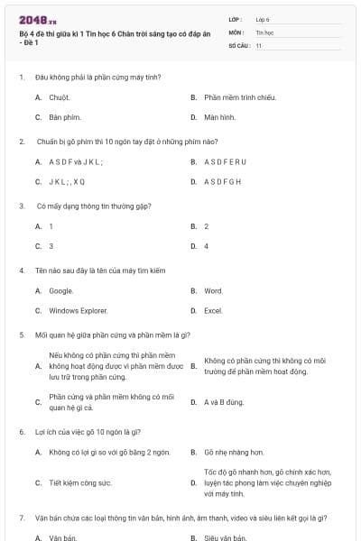 Bộ 4 đề thi giữa kì 1 Tin học 6 Chân trời sáng tạo có đáp án - Đề 1