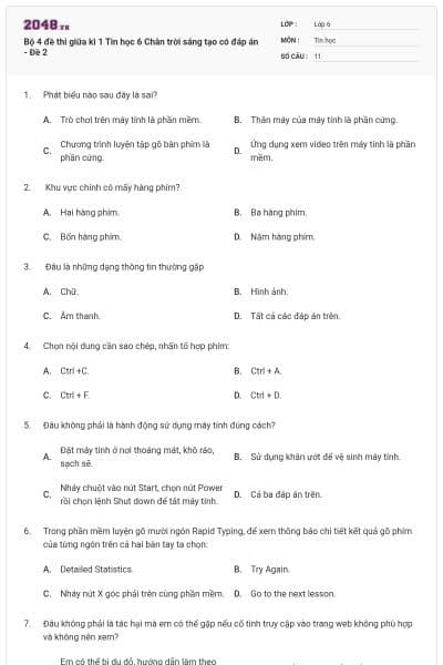 Bộ 4 đề thi giữa kì 1 Tin học 6 Chân trời sáng tạo có đáp án - Đề 2