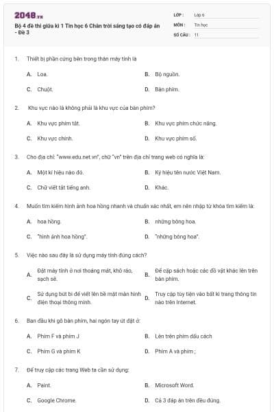 Bộ 4 đề thi giữa kì 1 Tin học 6 Chân trời sáng tạo có đáp án - Đề 3