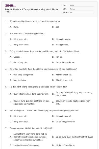 Bộ 4 đề thi giữa kì 1 Tin học 6 Chân trời sáng tạo có đáp án - Đề 4