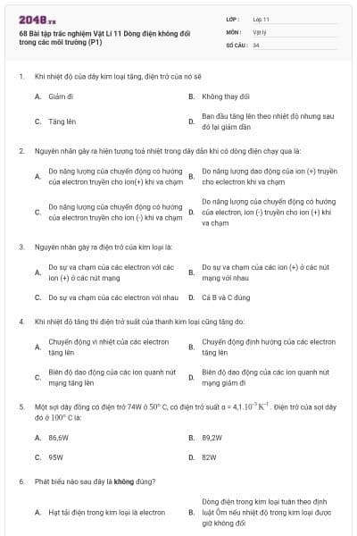 68 Bài tập trắc nghiệm Vật Lí 11 Dòng điện không đổi trong các môi trường (P1)
