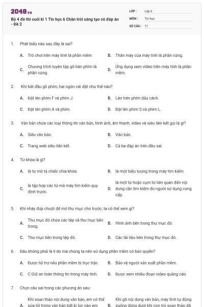 Bộ 4 đề thi cuối kì 1 Tin học 6 Chân trời sáng tạo có đáp án - Đề 2