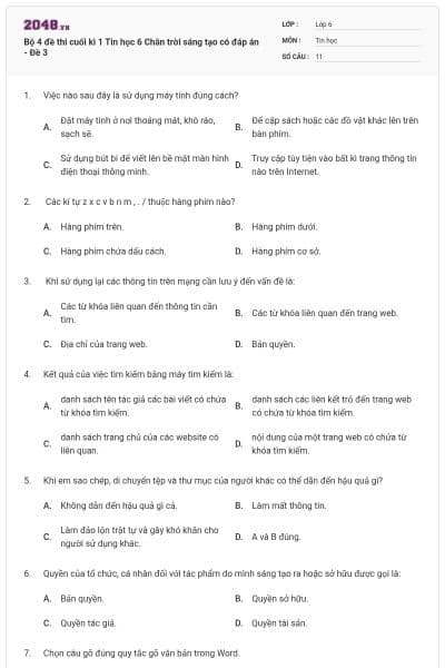 Bộ 4 đề thi cuối kì 1 Tin học 6 Chân trời sáng tạo có đáp án - Đề 3