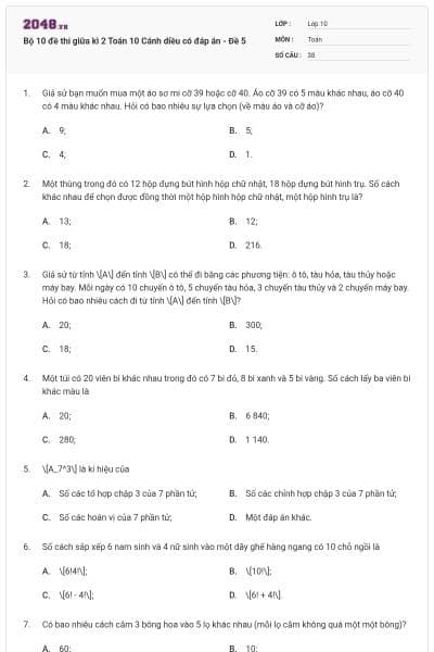 Bộ 10 đề thi giữa kì 2 Toán 10 Cánh diều có đáp án - Đề 5
