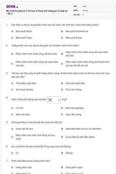 Bộ 4 đề thi giữa kì 2 Tin học 6 Chân trời sáng tạo có đáp án - Đề 2