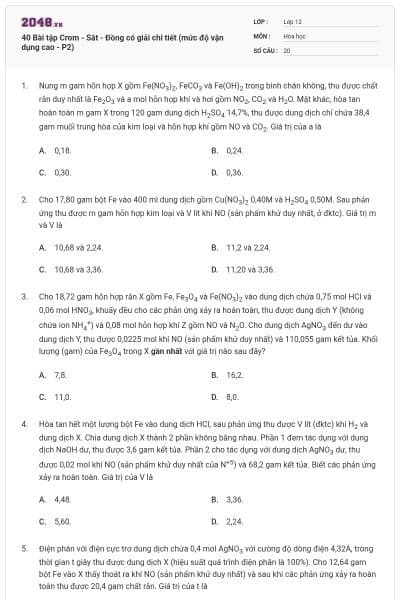 40 Bài tập Crom - Sắt - Đồng có giải chi tiết (mức độ vận dụng cao - P2)