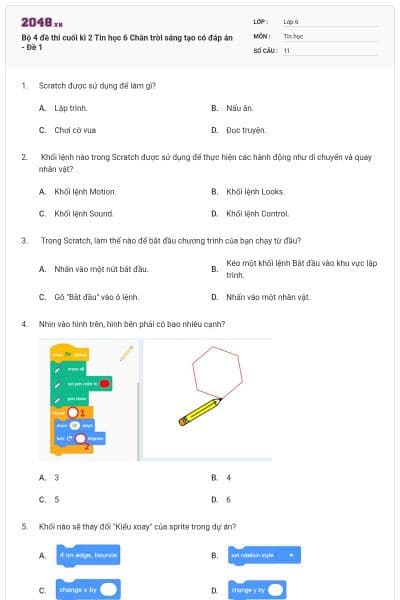 Bộ 4 đề thi cuối kì 2 Tin học 6 Chân trời sáng tạo có đáp án - Đề 1