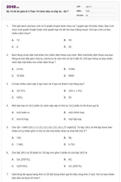 Bộ 10 đề thi giữa kì 2 Toán 10 Cánh diều có đáp án - Đề 7