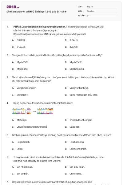 Đề tham khảo ôn thi HSG Sinh học 12 có đáp án - Đề 6