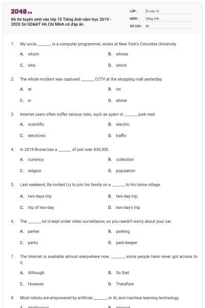 Đề thi tuyển sinh vào lớp 10 Tiếng Anh năm học 2019 - 2020 Sở GD&ĐT Hồ Chí Minh có đáp án