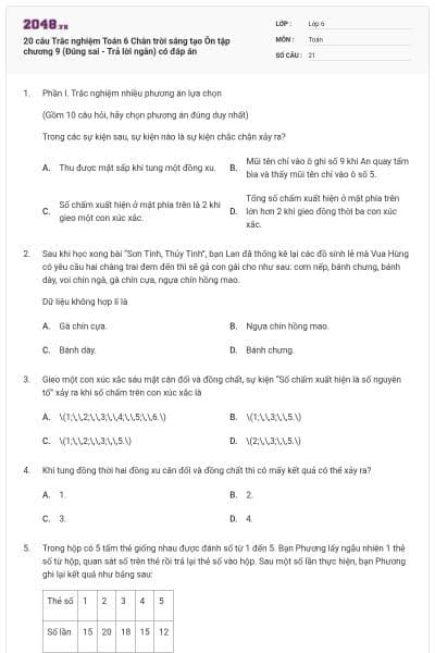 20 câu Trắc nghiệm Toán 6 Chân trời sáng tạo Ôn tập chương 9 (Đúng sai - Trả lời ngắn) có đáp án