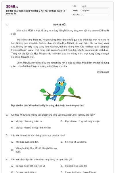 Bài tập cuối tuần Tiếng Việt lớp 2 Kết nối tri thức Tuần 19 có đáp án