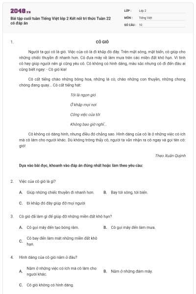 Bài tập cuối tuần Tiếng Việt lớp 2 Kết nối tri thức Tuần 22 có đáp án