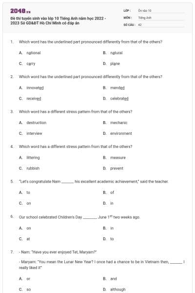 Đề thi tuyển sinh vào lớp 10 Tiếng Anh năm học 2022 - 2023 Sở GD&ĐT Hồ Chí Minh có đáp án