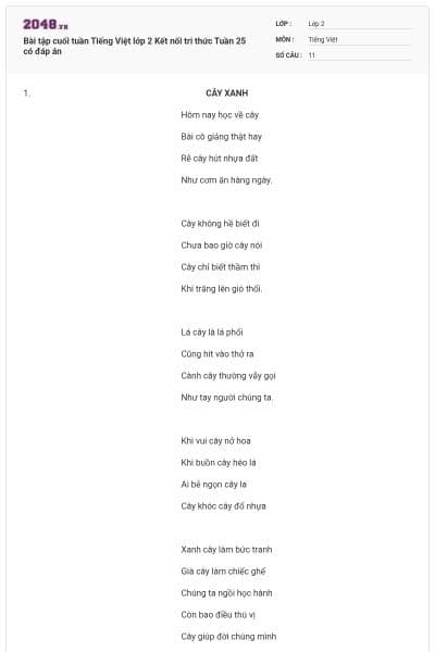 Bài tập cuối tuần Tiếng Việt lớp 2 Kết nối tri thức Tuần 25 có đáp án