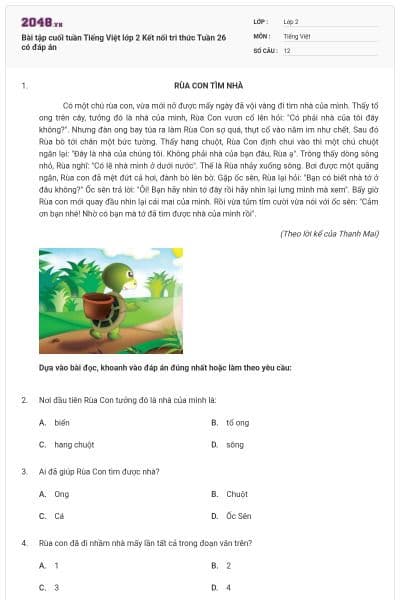 Bài tập cuối tuần Tiếng Việt lớp 2 Kết nối tri thức Tuần 26 có đáp án