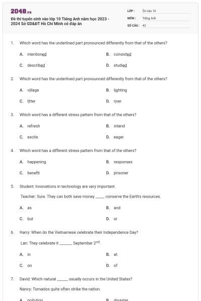 Đề thi tuyển sinh vào lớp 10 Tiếng Anh năm học 2023 - 2024 Sở GD&ĐT Hồ Chí Minh có đáp án