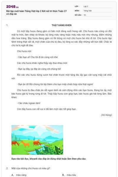 Bài tập cuối tuần Tiếng Việt lớp 2 Kết nối tri thức Tuần 27 có đáp án