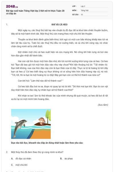 Bài tập cuối tuần Tiếng Việt lớp 2 Kết nối tri thức Tuần 28 có đáp án