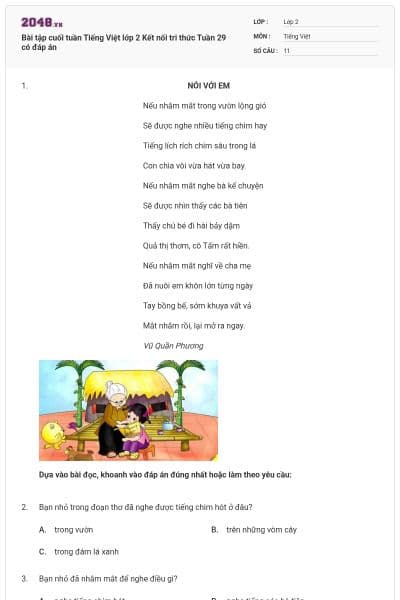 Bài tập cuối tuần Tiếng Việt lớp 2 Kết nối tri thức Tuần 29 có đáp án