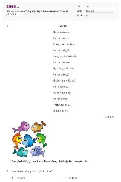 Bài tập cuối tuần Tiếng Việt lớp 2 Kết nối tri thức Tuần 33 có đáp án