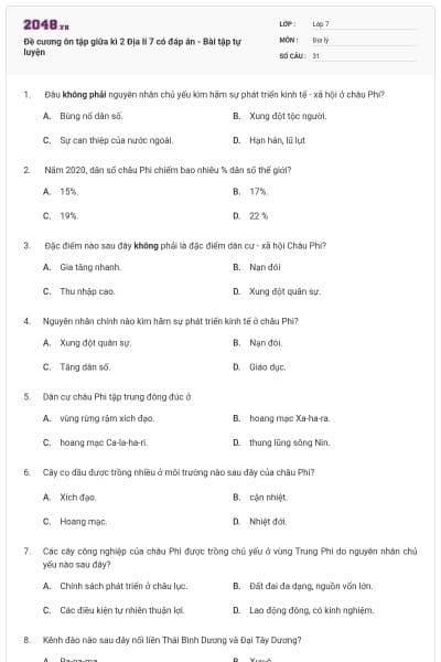 Đề cương ôn tập giữa kì 2 Địa lí 7 có đáp án - Bài tập tự luyện