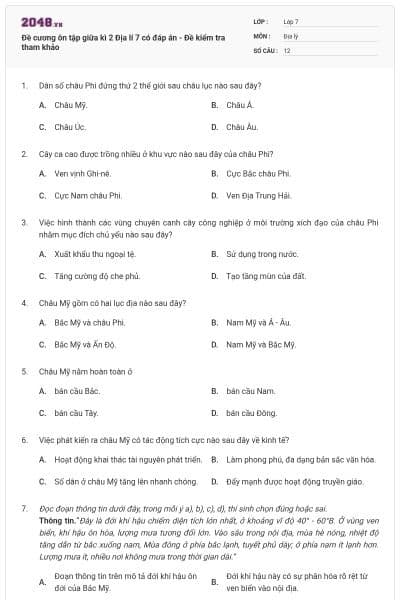 Đề cương ôn tập giữa kì 2 Địa lí 7 có đáp án - Đề kiểm tra tham khảo