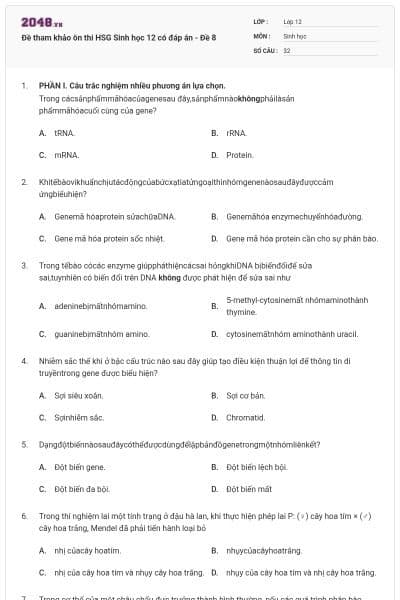 Đề tham khảo ôn thi HSG Sinh học 12 có đáp án - Đề 8