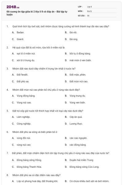 Đề cương ôn tập giữa kì 2 Địa lí 8 có đáp án - Bài tập tự luyện