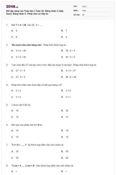 Bài tập nâng cao Toán lớp 2 Tuần 20. Bảng nhân 2 (tiếp theo). Bảng nhân 5. Phép chia có đáp án