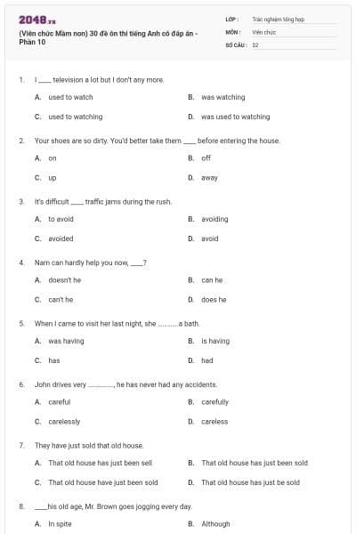 (Viên chức Mầm non) 30 đề ôn thi tiếng Anh có đáp án - Phần 10