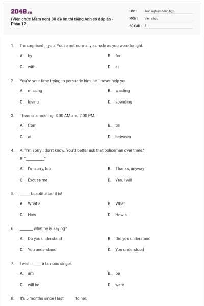 (Viên chức Mầm non) 30 đề ôn thi tiếng Anh có đáp án - Phần 12