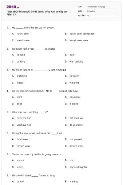 (Viên chức Mầm non) 30 đề ôn thi tiếng Anh có đáp án - Phần 13