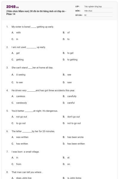 (Viên chức Mầm non) 30 đề ôn thi tiếng Anh có đáp án - Phần 14