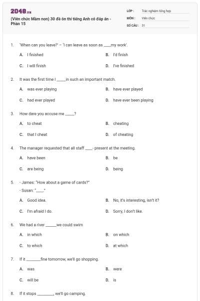 (Viên chức Mầm non) 30 đề ôn thi tiếng Anh có đáp án - Phần 15