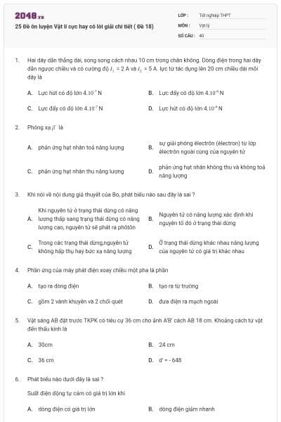25 Đề ôn luyện Vật lí cực hay có lời giải chi tiết ( Đề 18)